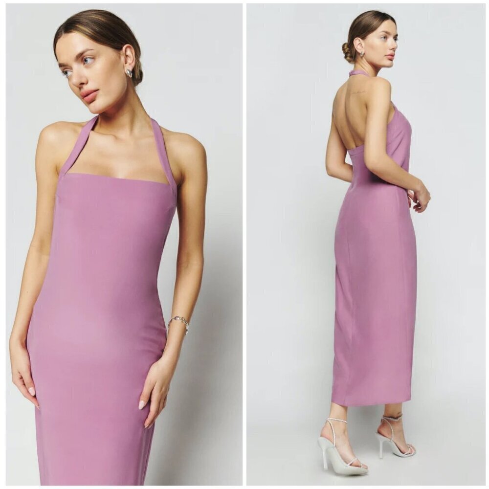 💕REFORMATION💕 Alli Silk-Charmeuse Halterneck Midi Dress ~ Sugar Plum 10 NWT